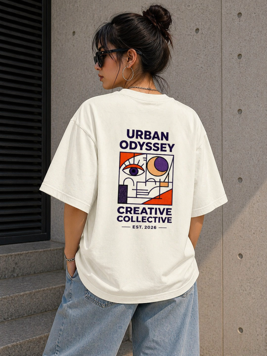 Person wearing a white t-shirt with 'Urban Odyssey Creative Collective' design on the back, standing against a concrete wall.
