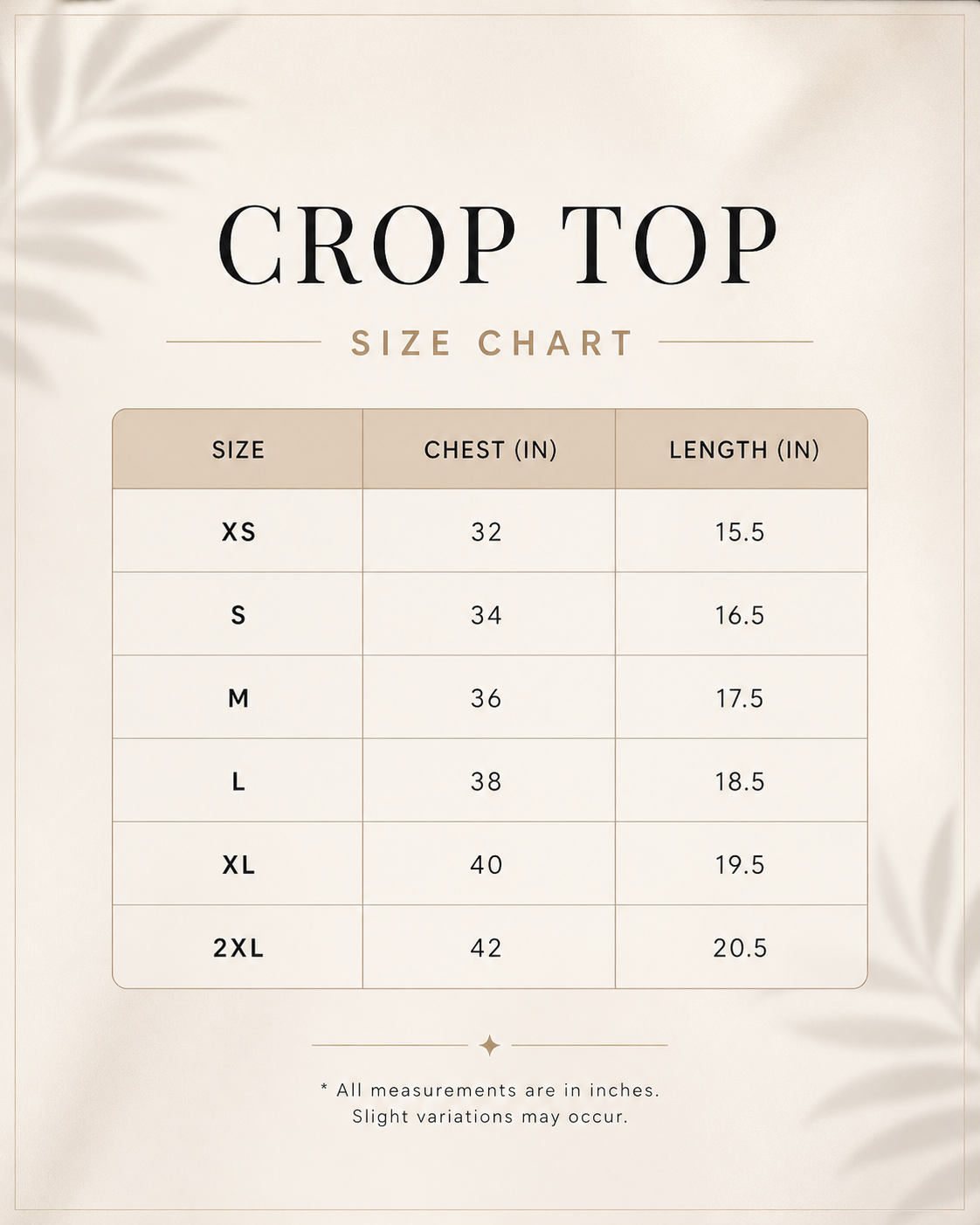 Half Cat Half Panda Crop Top Size Chart — XS to XXL sizing guide for women by Eluxe Soul