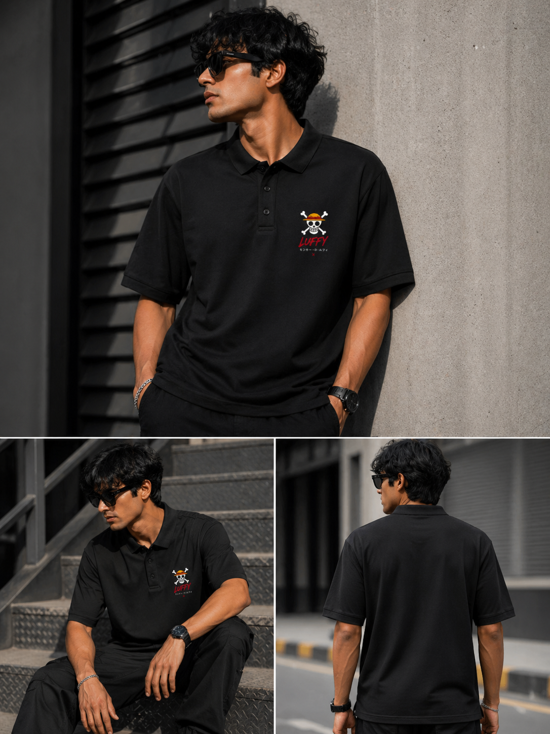 Front view of a black structured pique polo t-shirt with a small iconic chest graphic for a sharp urban look.
