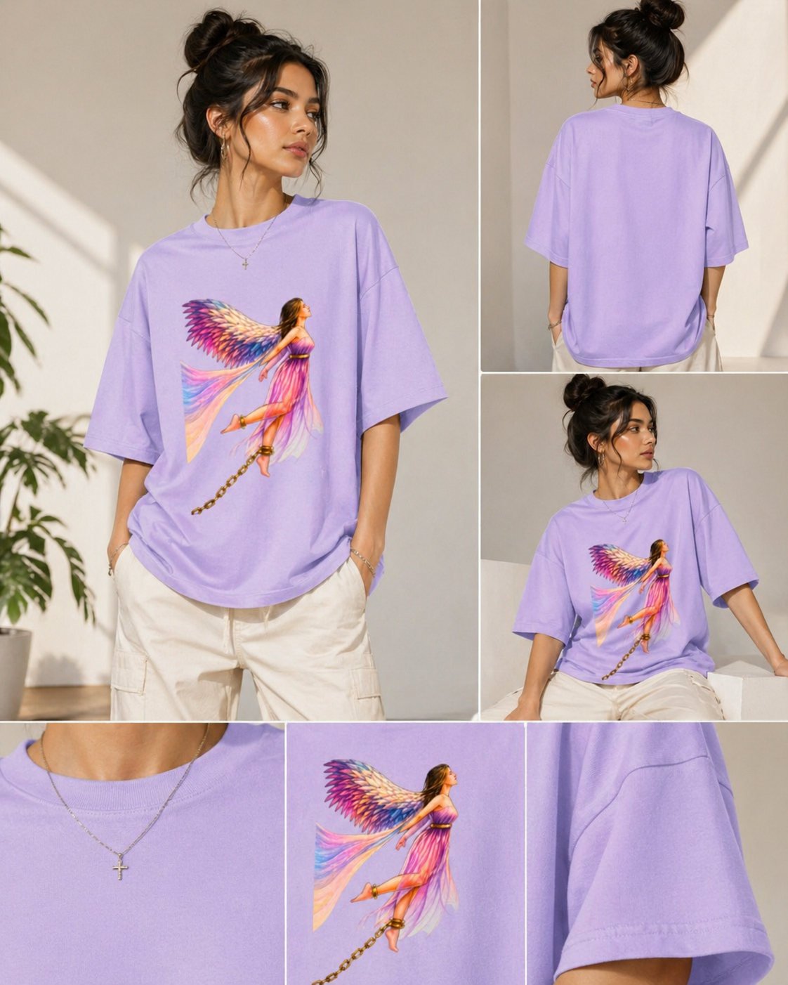 Lifestyle shot of a model wearing a Lavender heavyweight oversized tee featuring a vibrant butterfly wing angel design.
