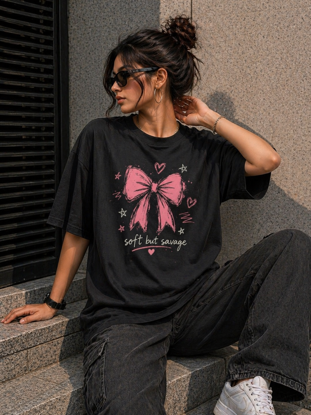 Close-up profile of an aesthetic black oversized tee featuring the 'Soft But Savage' graphic and pink bow art.