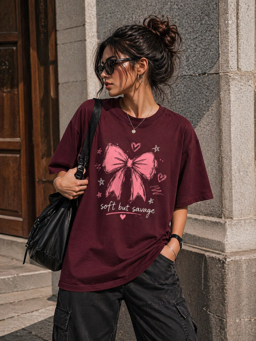 Side view of the black oversized t-shirt highlighting the relaxed drop-shoulder construction and structured fall.