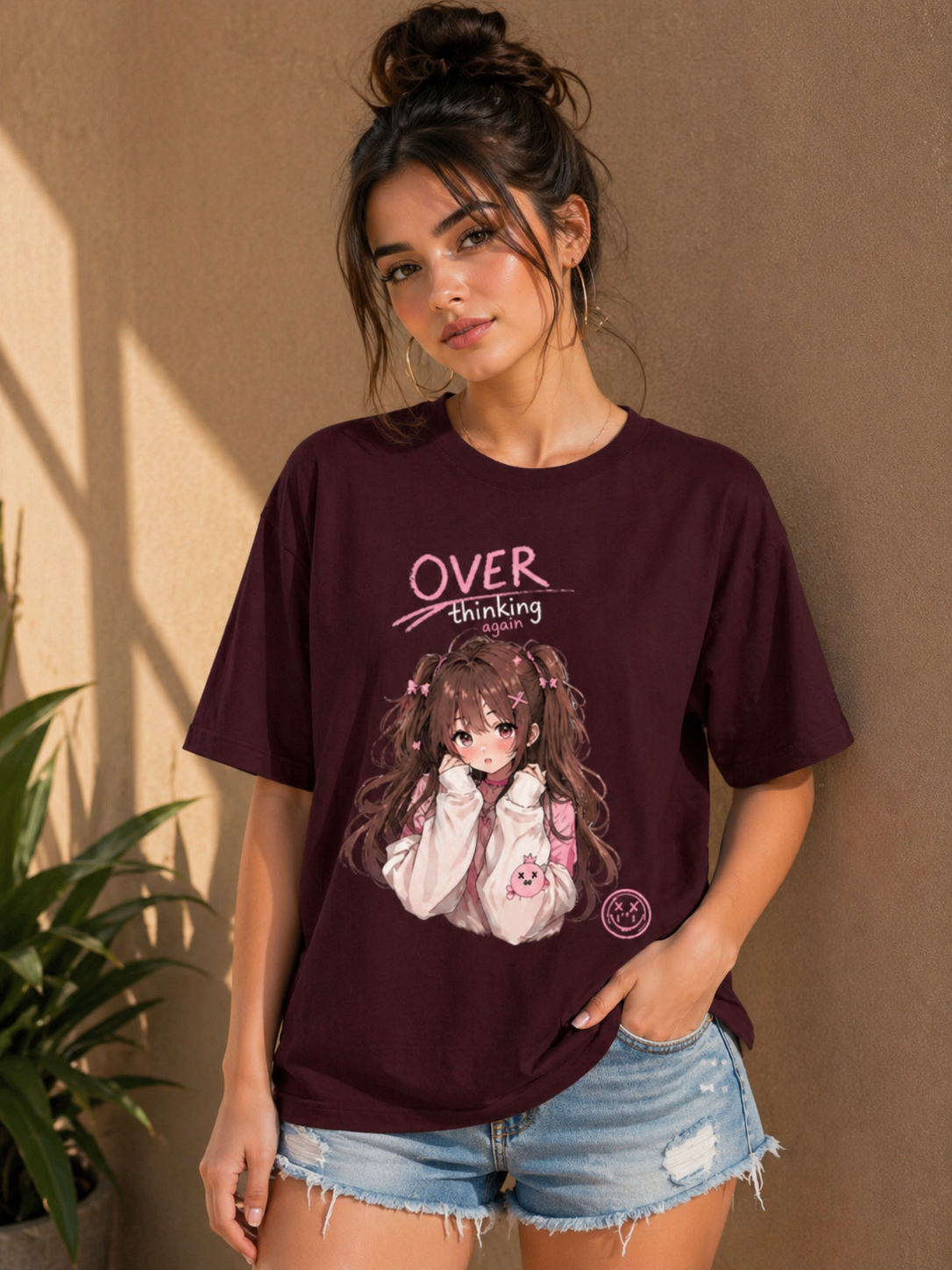 Side profile of the heavyweight oversized t-shirt showing the loose sleeves and structured fall.