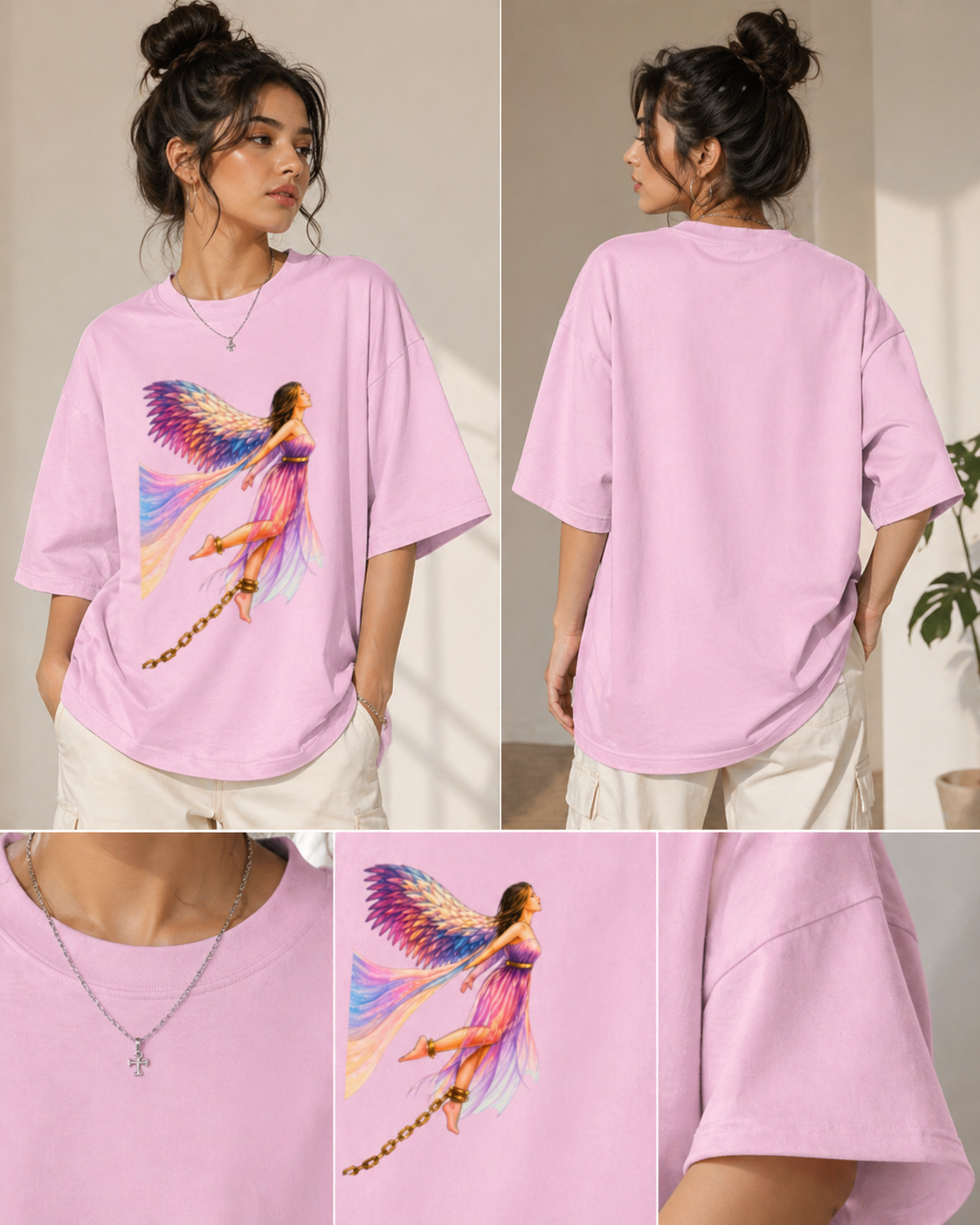 Front view of a Baby Pink heavyweight oversized t-shirt with a colorful butterfly angel graphic and relaxed boxy fit.
