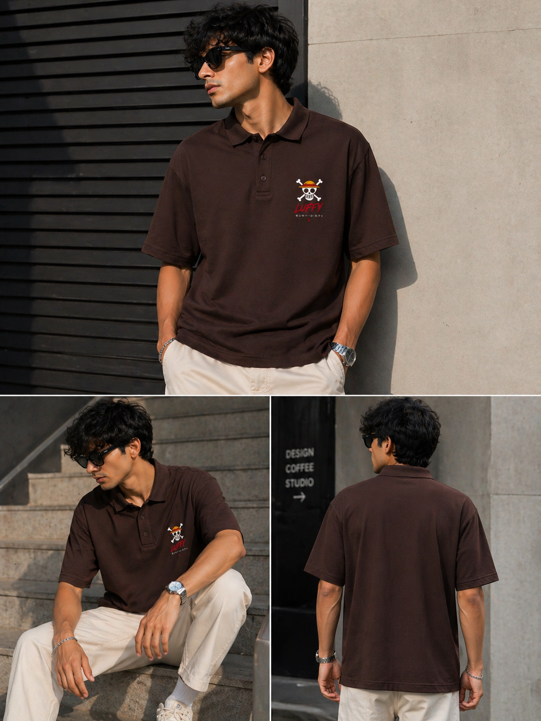Lifestyle shot of a coffee brown polo t-shirt featuring a high-density chest graphic and ribbed collar.

