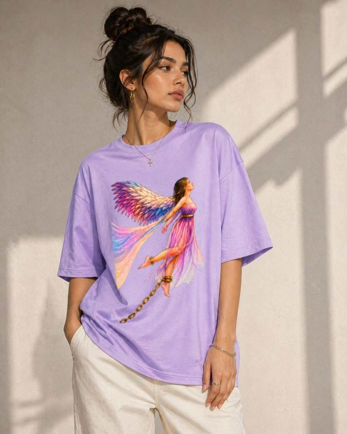 Lifestyle shot of a model wearing a Lavender heavyweight oversized tee featuring a vibrant butterfly wing angel design.
