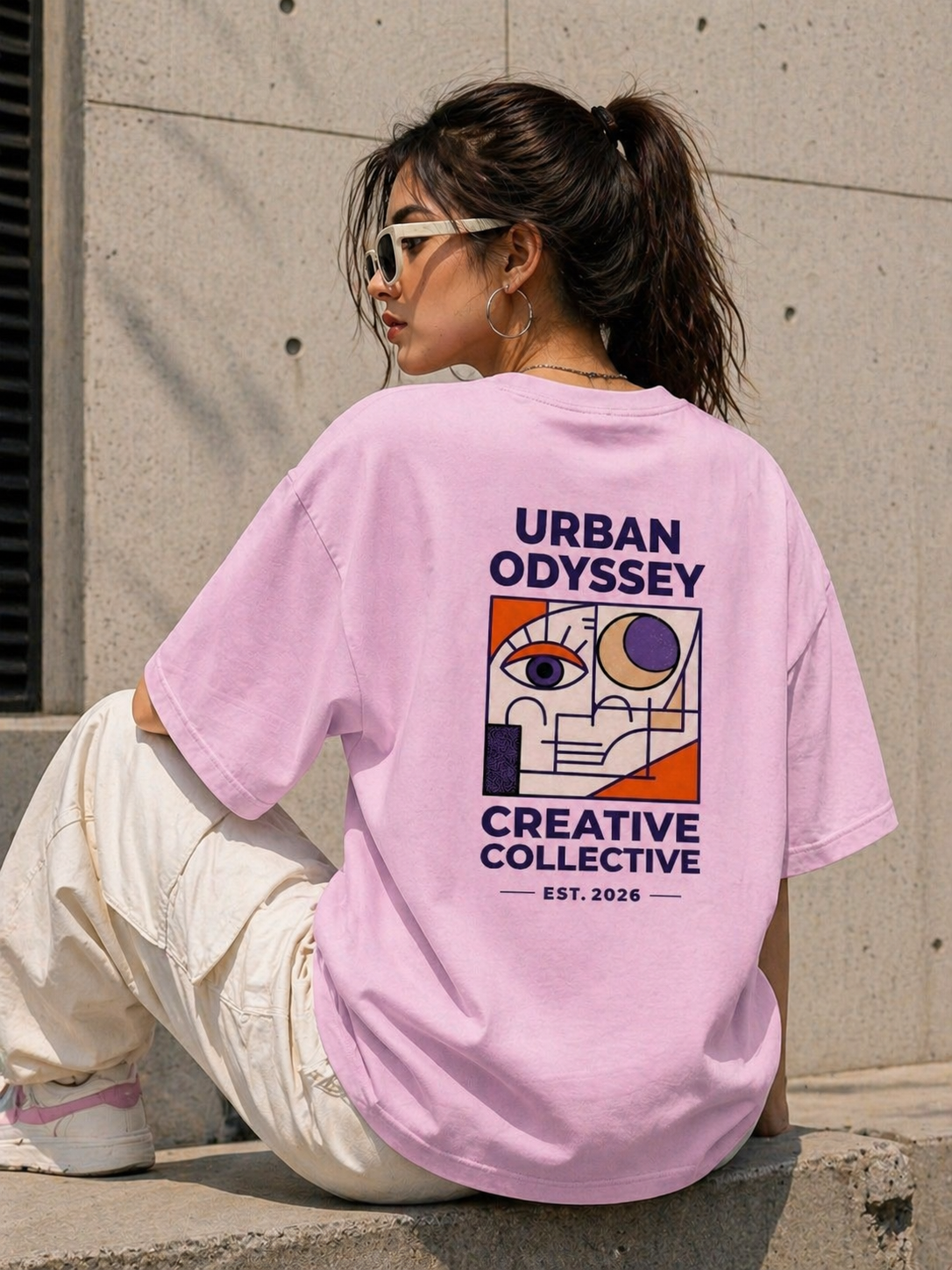 Person wearing a pink t-shirt with 'Urban Odyssey Creative Collective' design.