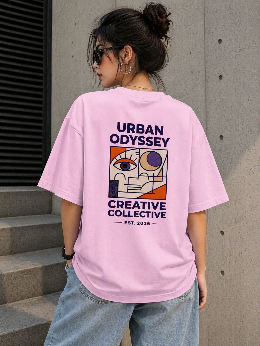 Front view of a Light Baby Pink heavyweight oversized t-shirt with a minimal chest graphic and structured boxy fit.
