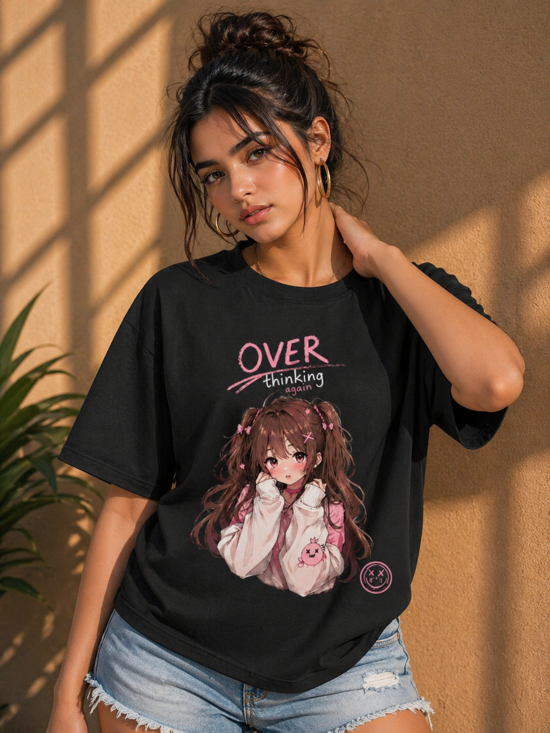 Front view of a black heavyweight oversized t-shirt with a detailed overthinking girl graphic for a dark aesthetic look.