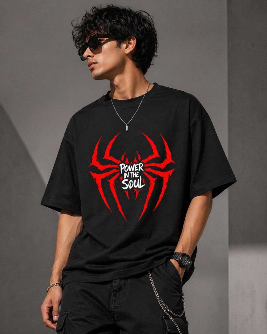 Front view of a black heavyweight oversized t-shirt featuring a large red spider graphic and bold 'Power of the Soul' typography.
