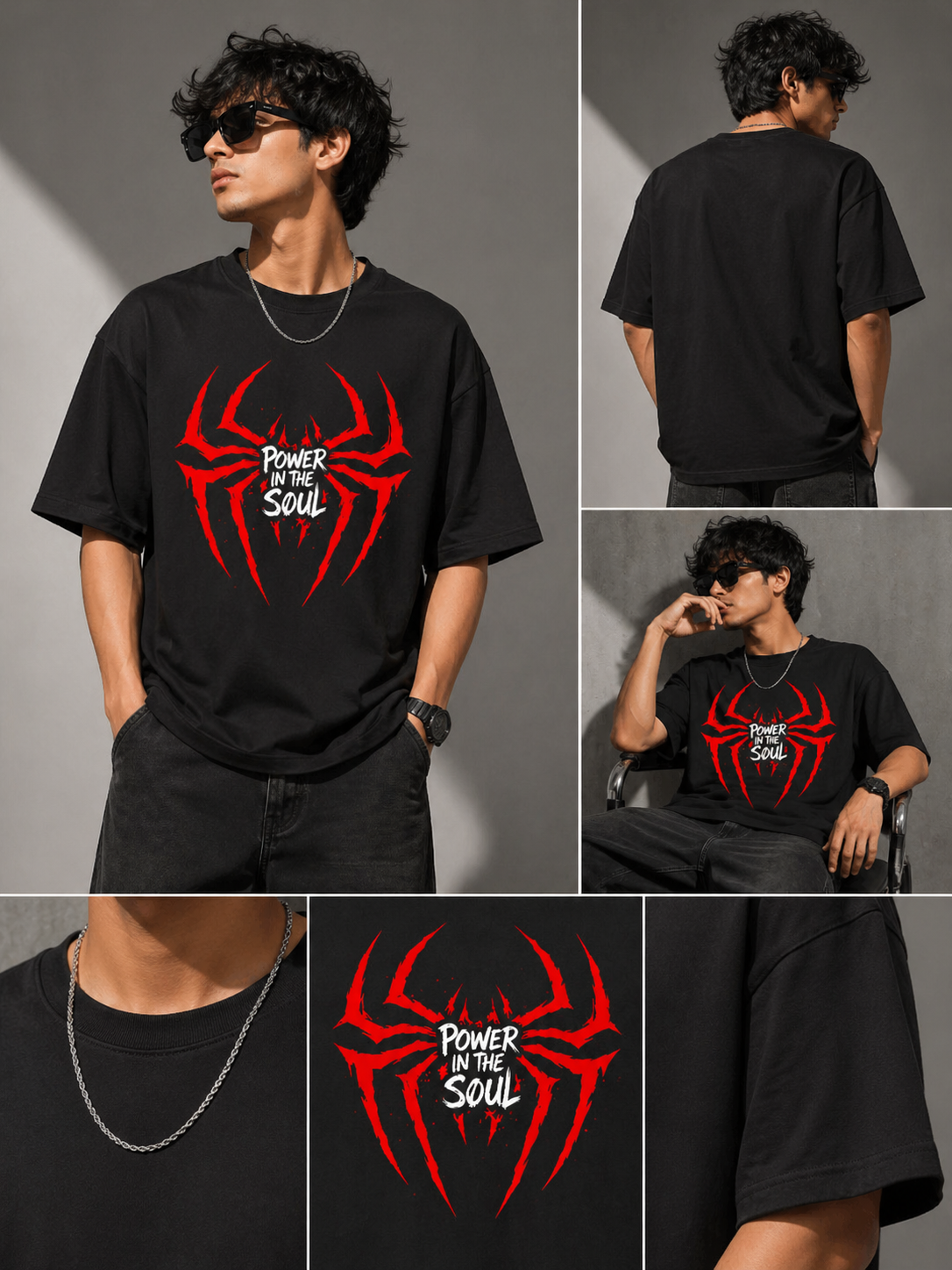 Front view of a black heavyweight oversized t-shirt featuring a large red spider graphic and bold 'Power of the Soul' typography.
