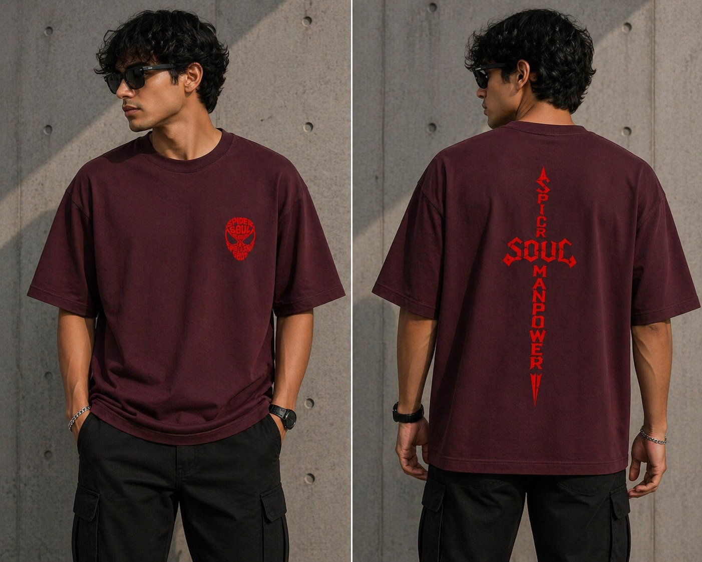 Maroon heavyweight oversized t-shirt with a minimal red chest logo and a bold vertical sword back print.
