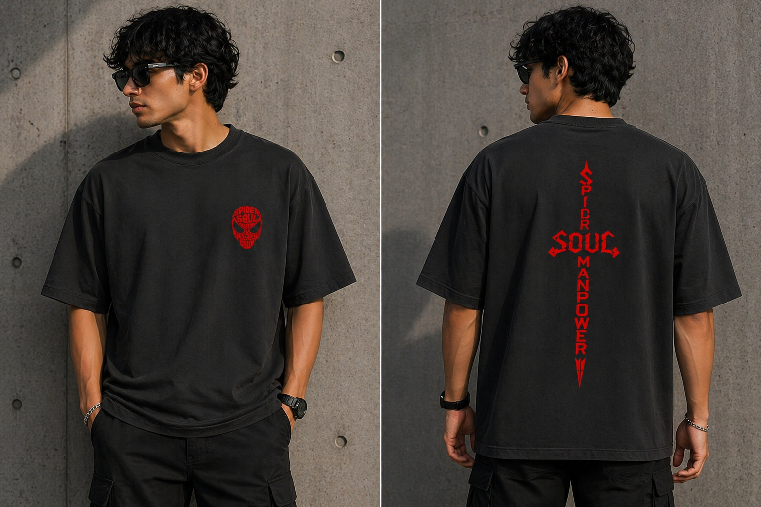 Back view of a black heavyweight oversized t-shirt featuring a long vertical red sword graphic and Soul branding.
