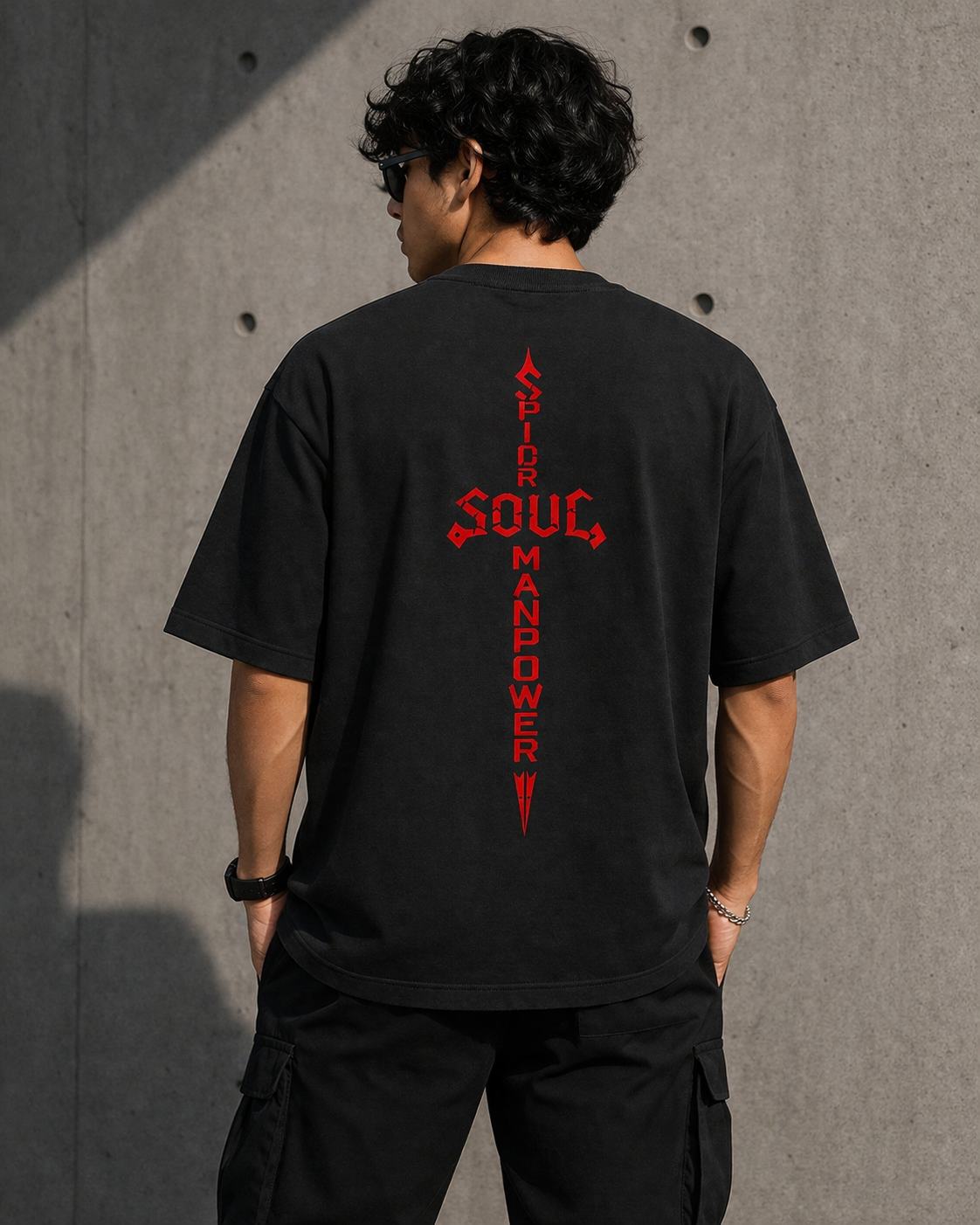 Back view of a black heavyweight oversized t-shirt featuring a long vertical red sword graphic and Soul branding.