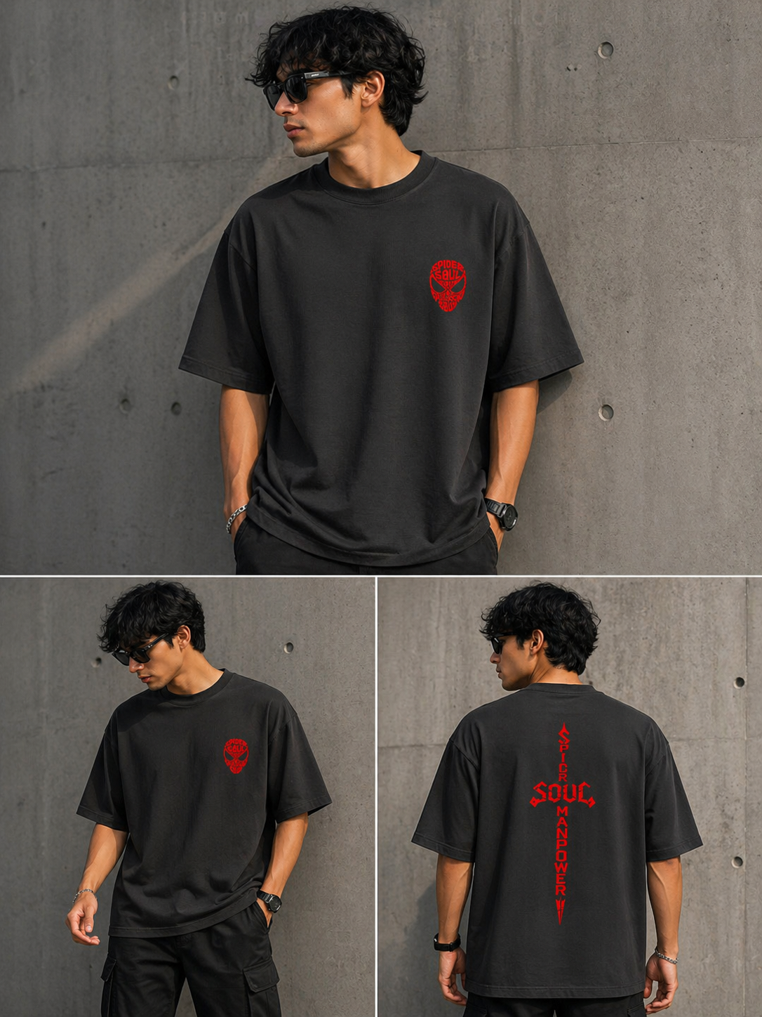 Back view of a black heavyweight oversized t-shirt featuring a long vertical red sword graphic and Soul branding.
