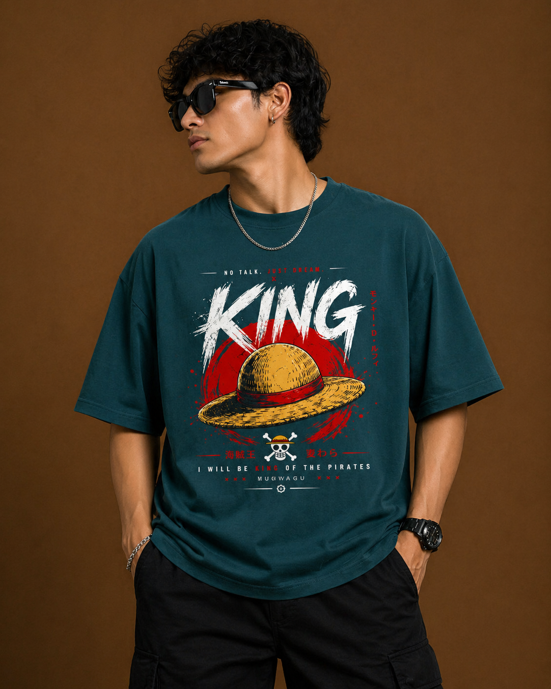 Full streetwear outfit featuring a black oversized graphic tee paired for a modern urban look.
