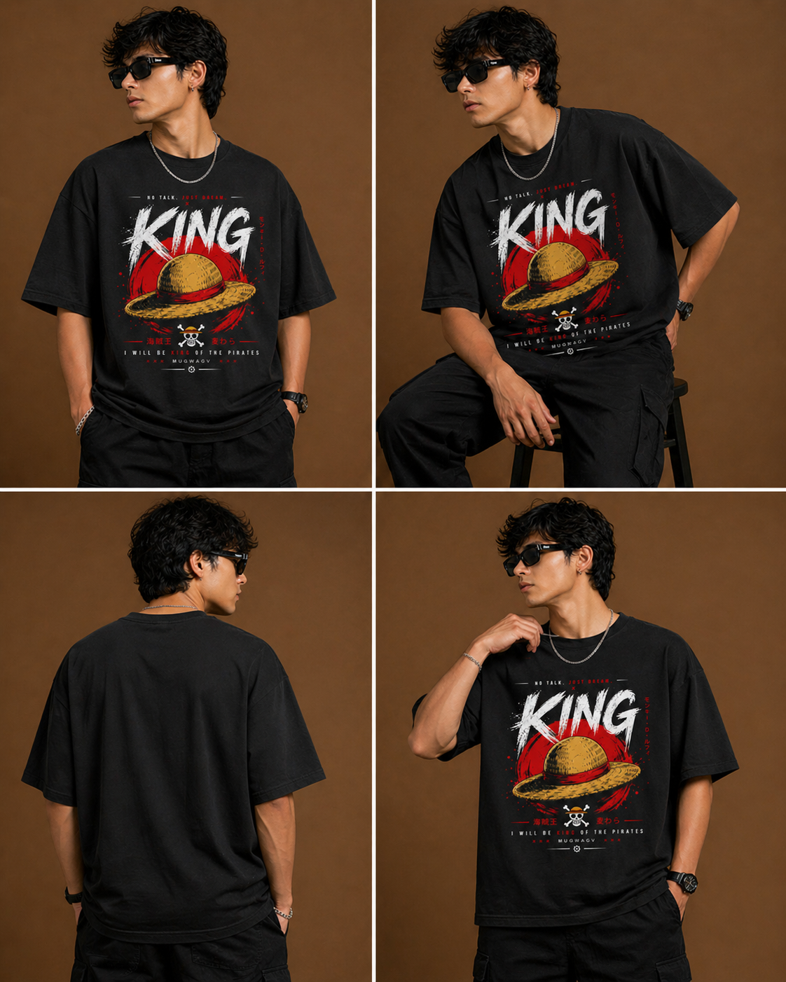 wearing a black drop-shoulder oversized graphic tee showing the relaxed urban streetwear fit.